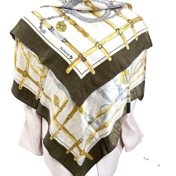 Antique McDavid Haute Joaillerie 100% Silk Scarf Satin 34" Ivery olive Gold(22 - Picture 2 of 12